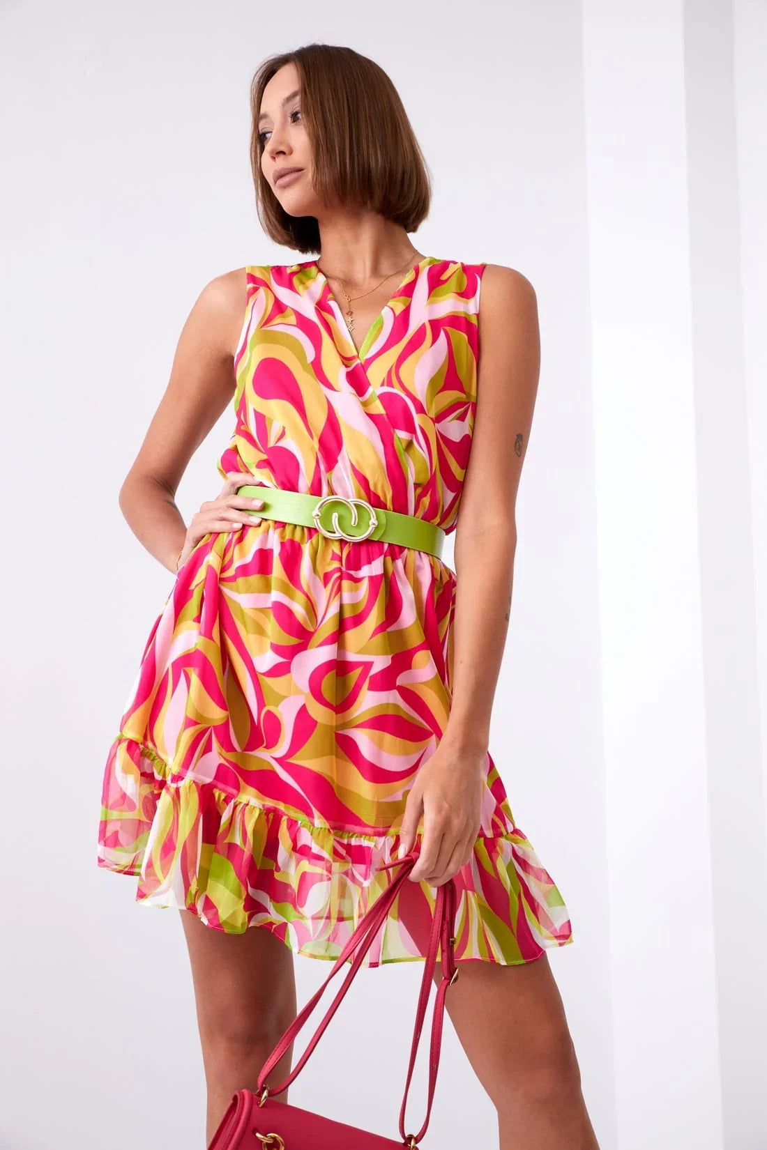 Light patterned dress with a belt, neon green and pink 03040 - Which Mark