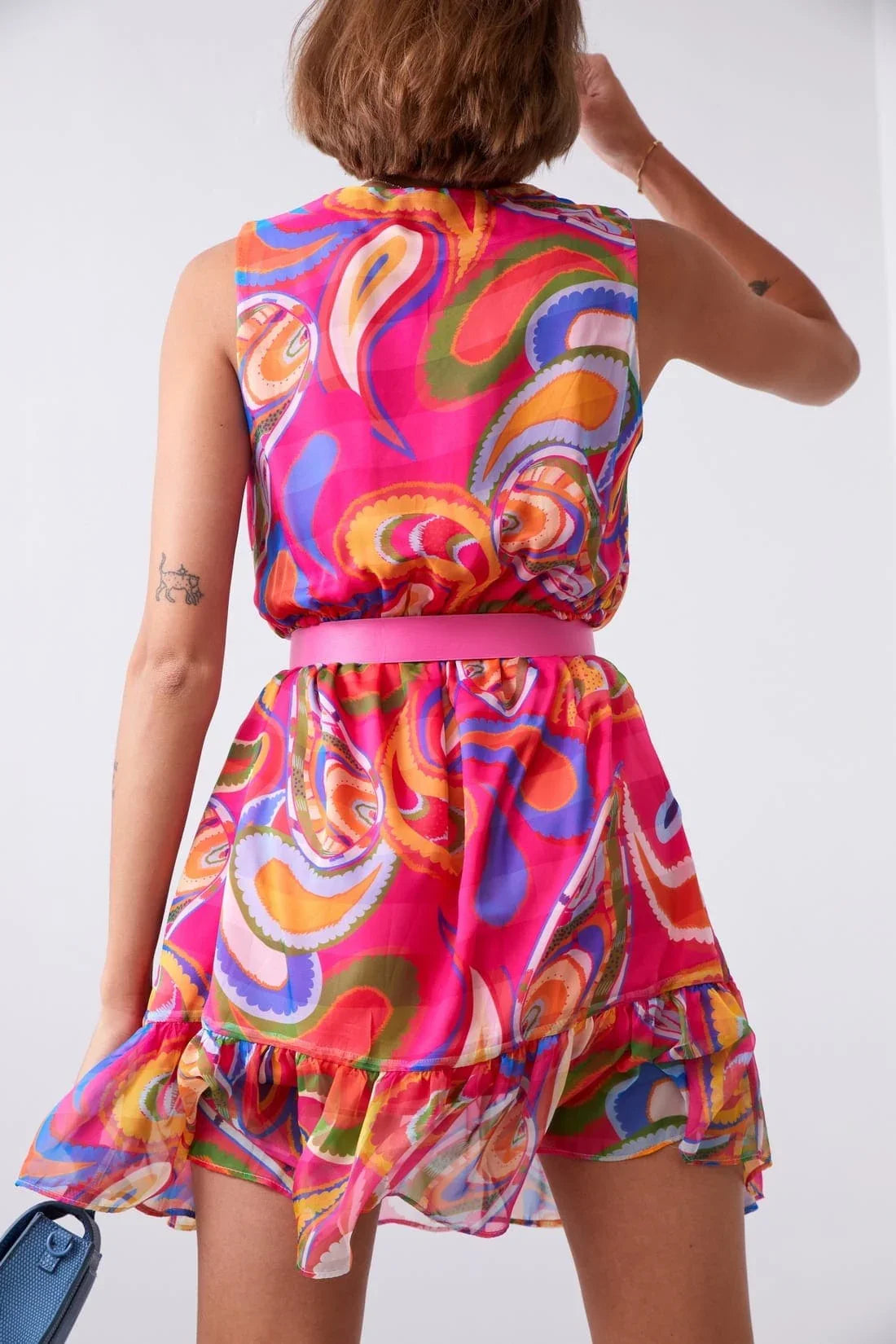 Light patterned dress with a belt, pink and dark blue 03040 - Which Mark