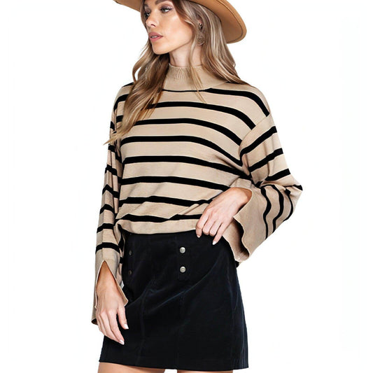 Striped Turtleneck Sweater Women's Cuffs - Which Mark