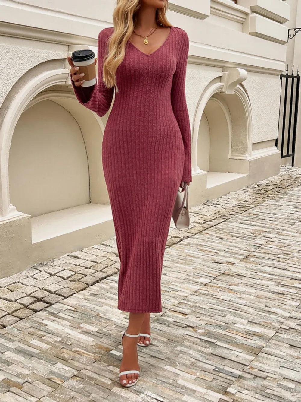 Devine Tied V-Neck Long Sleeve Sweater Dress - Which Mark