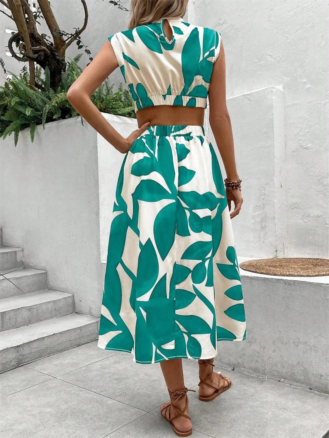 Cutout Printed Cap Sleeve Midi Dress - Which Mark