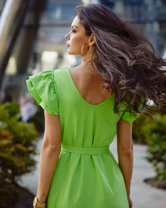 Loose cotton maxi dress with ruffles, neon green 0598 - Which Mark