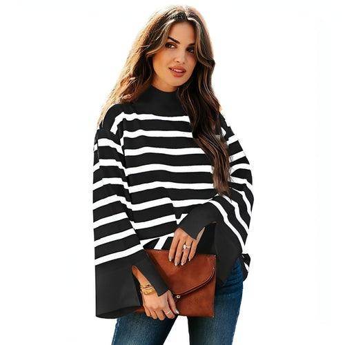 Striped Turtleneck Sweater Women's Cuffs - Which Mark