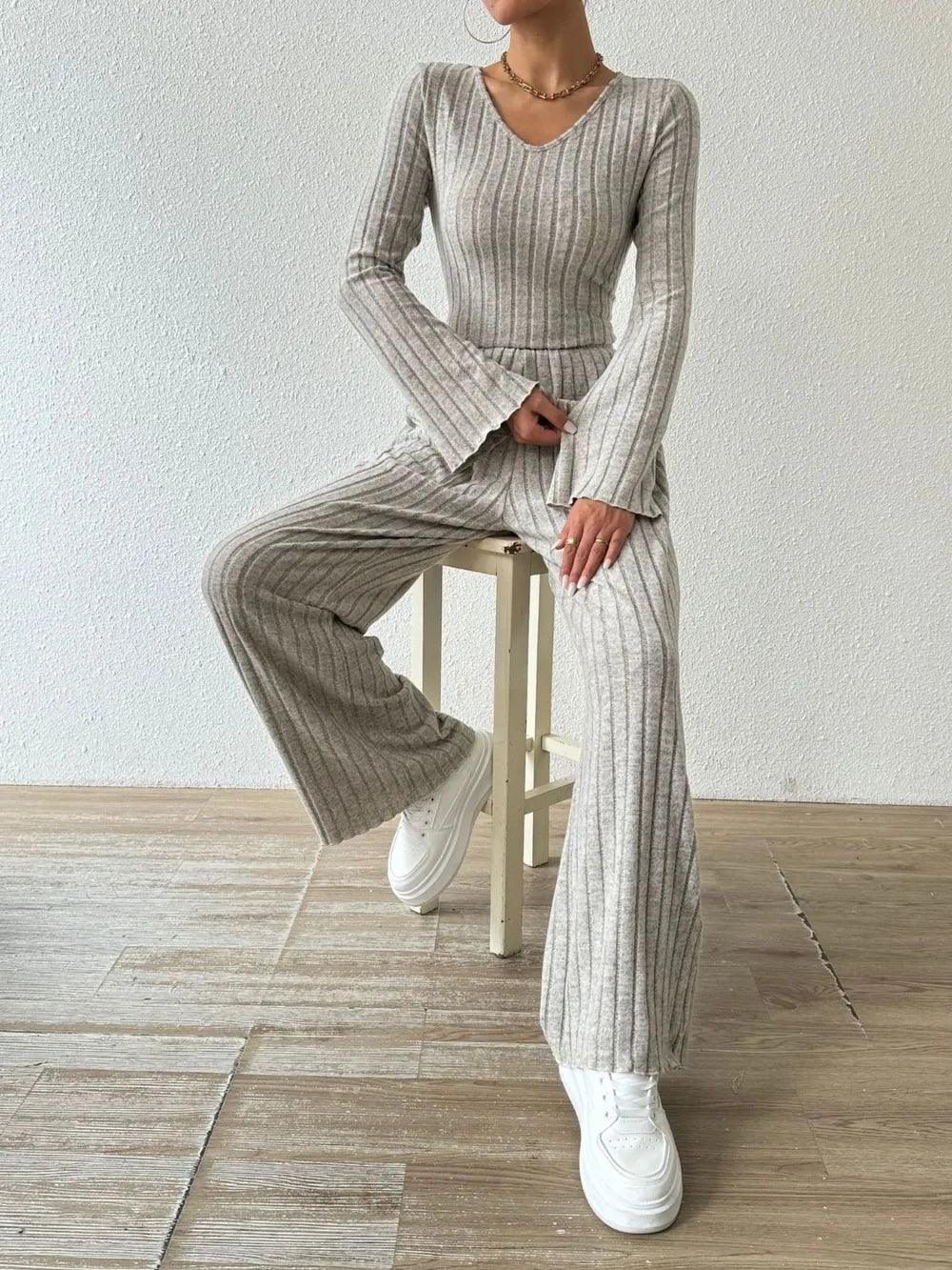 Ribbed V-Neck Long Sleeve Top and Pocketed Pants Set - Which Mark