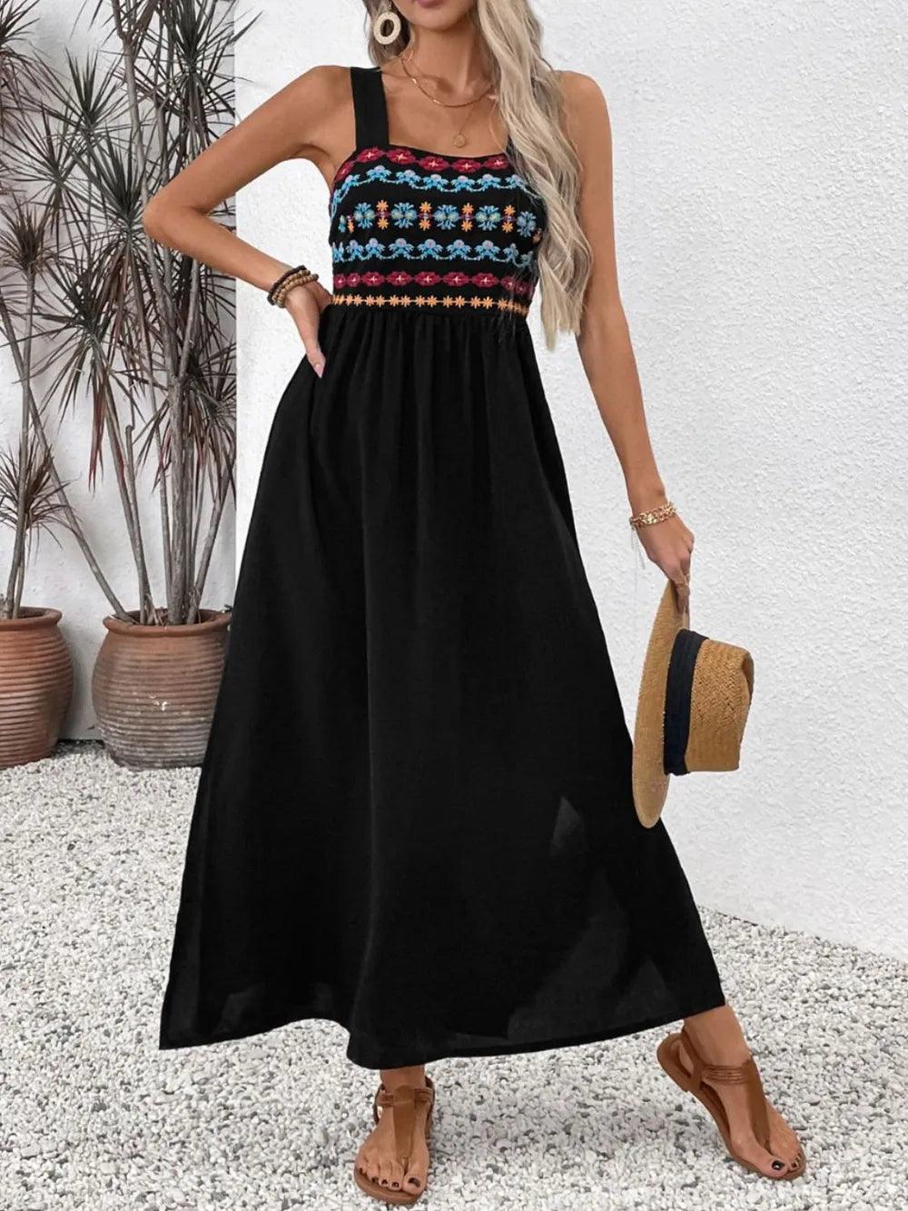 Perfee Embroidered Floral Side Slit Sleeveless Midi Dress - Which Mark