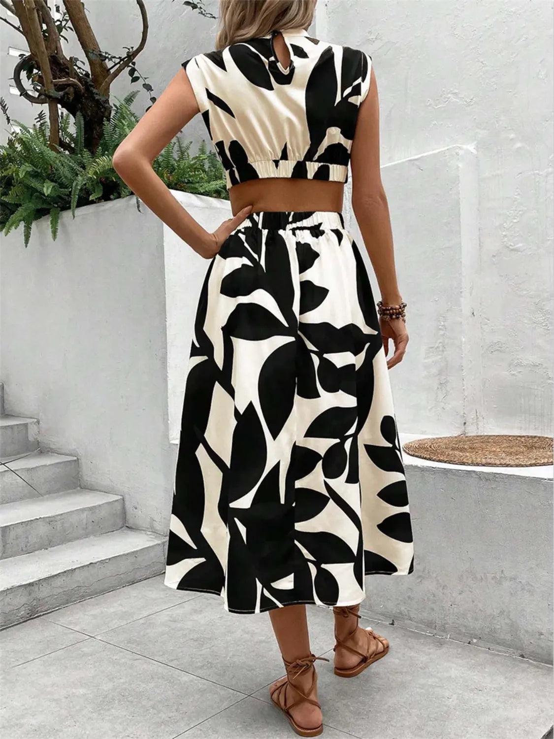 Cutout Printed Cap Sleeve Midi Dress - Which Mark
