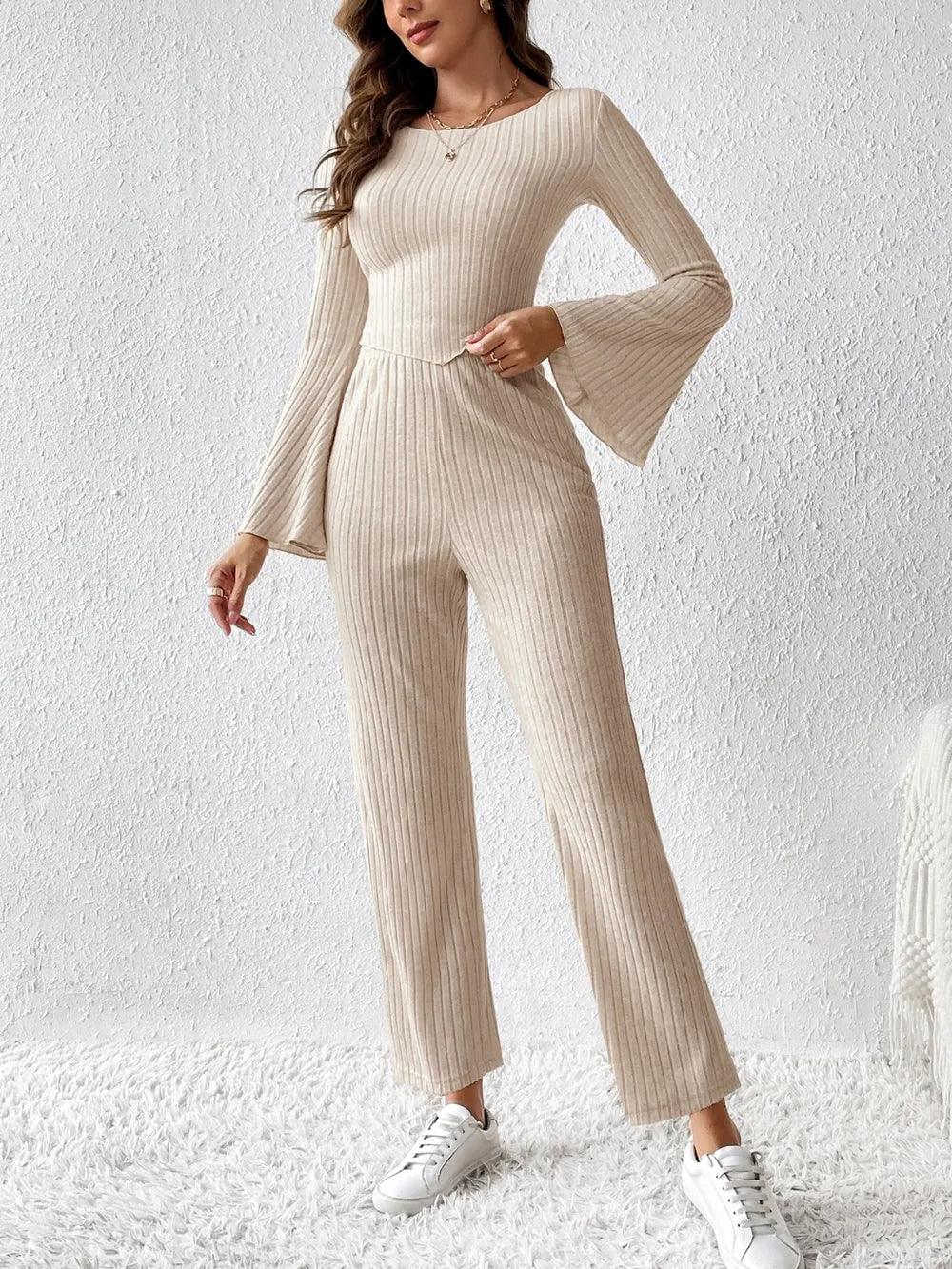 Ribbed Flare Sleeve Top and Pants Set - Which Mark