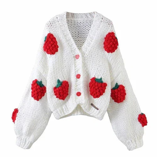 Handmade Crochet Cardigan Sweater Women Fruit Jacquard Embroidery - Which Mark