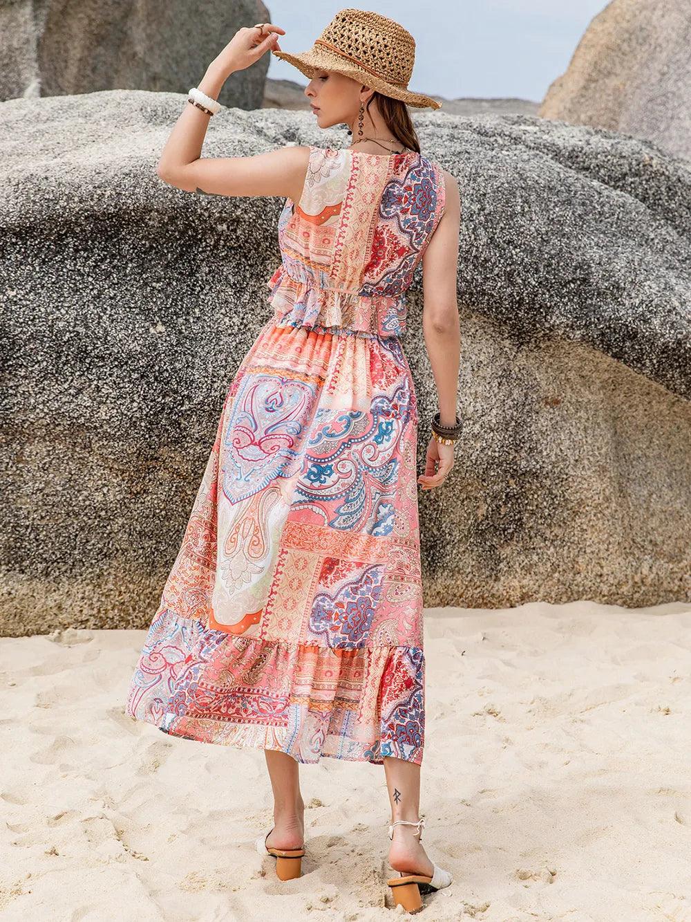Printed V-Neck Top and Midi Skirt Set - Which Mark