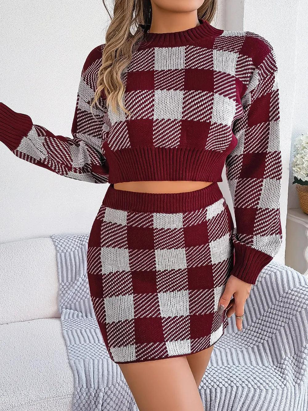 Plaid Round Neck Top and Skirt Sweater Set - Which Mark