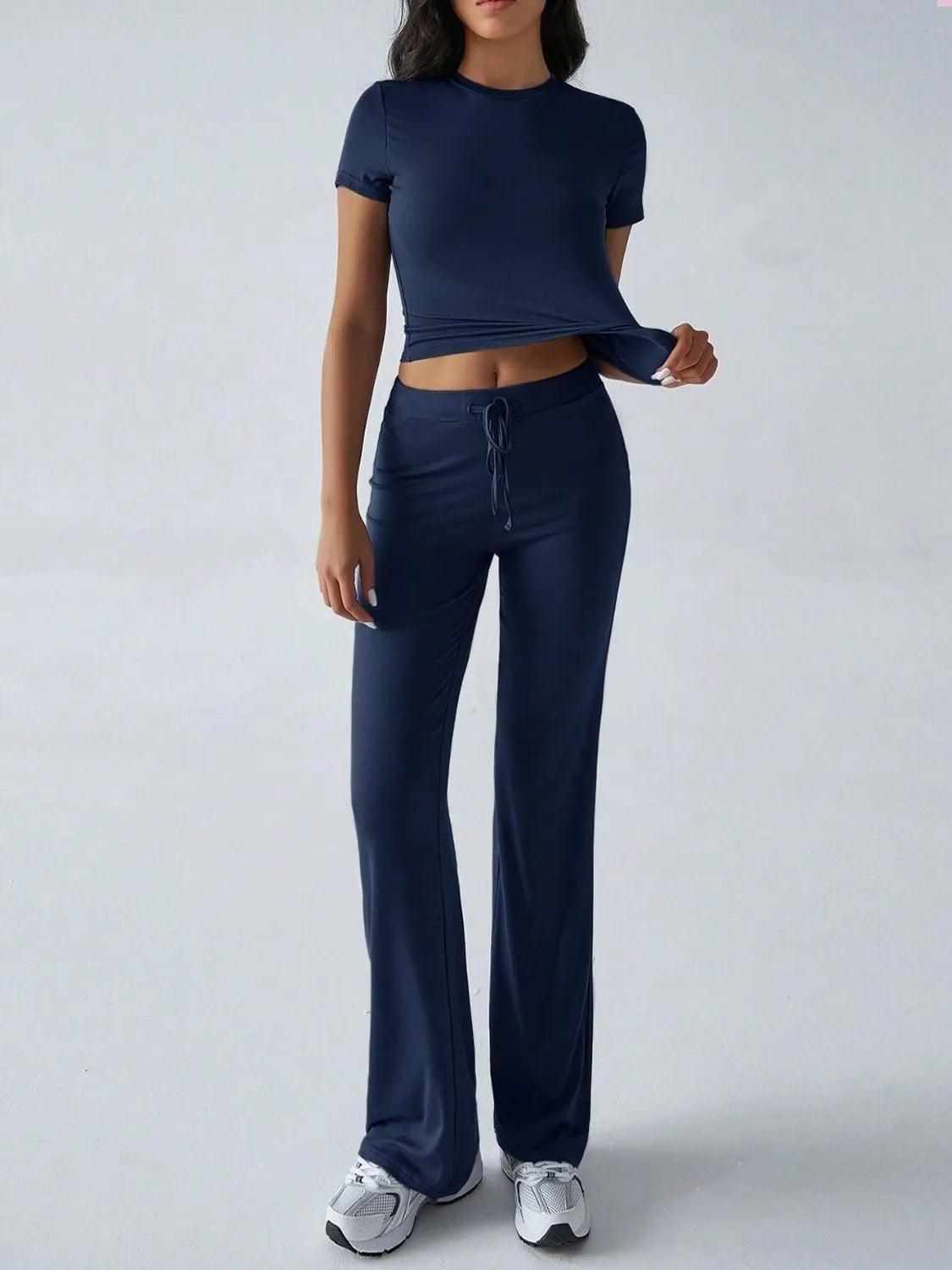 Round Neck Short Sleeve Top and Pants Set - Which Mark