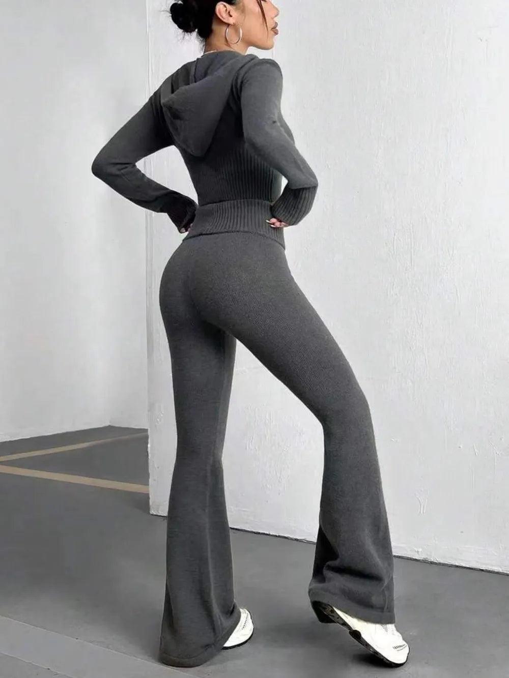 Zip Up Hooded Top and Flare Pants Sweater Set - Which Mark