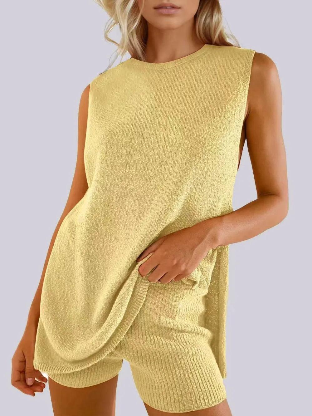 Mandy Side Slit Round Neck Tank and Shorts Sweater Set - Which Mark