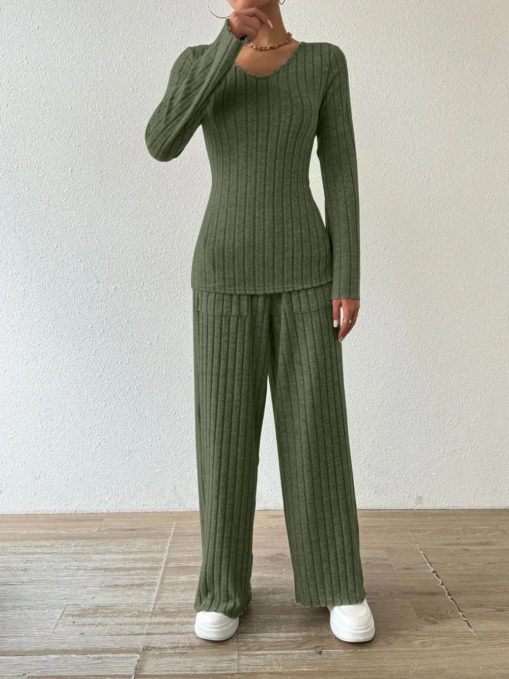 Ribbed V-Neck Long Sleeve Top and Pocketed Pants Set - Which Mark