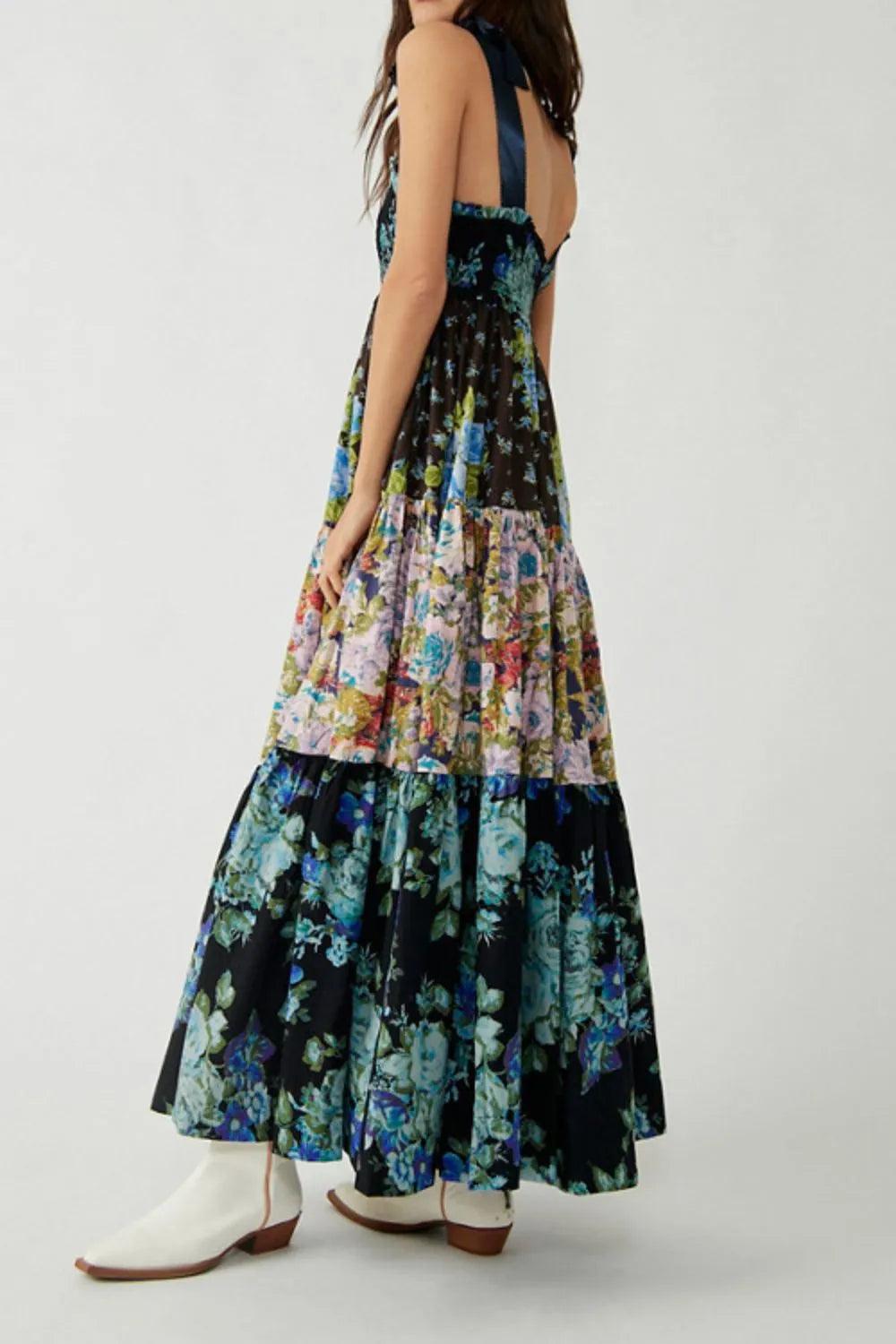 Floral Tiered Maxi Dress with Mixed Print Design - Which Mark