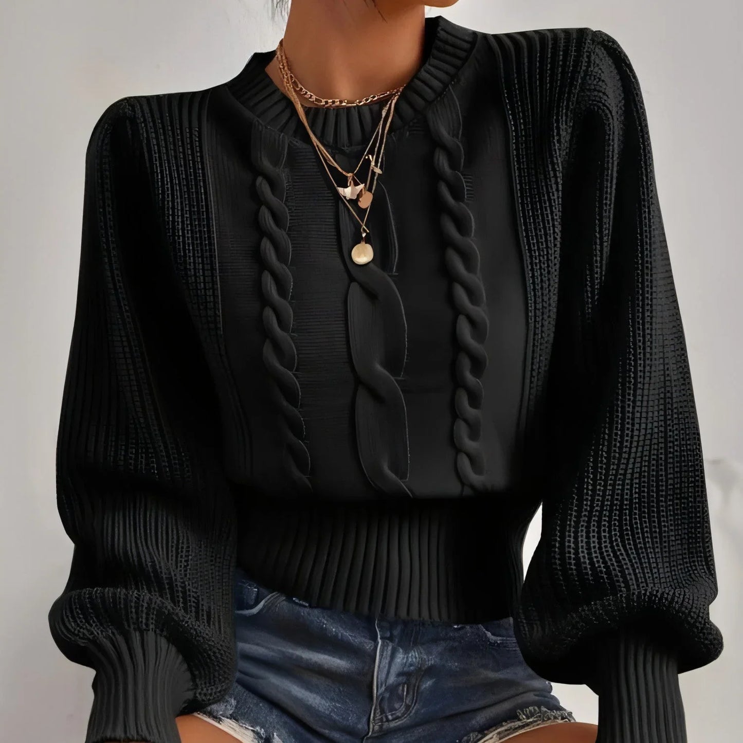 Round Neck Lantern Sleeve Cable-knit Sweater - Which Mark
