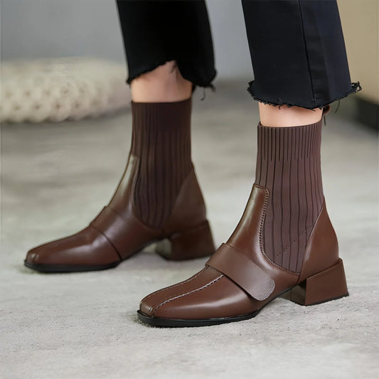 Large Brown Square Toe Mid-heel Soft Leather Shoes - Which Mark