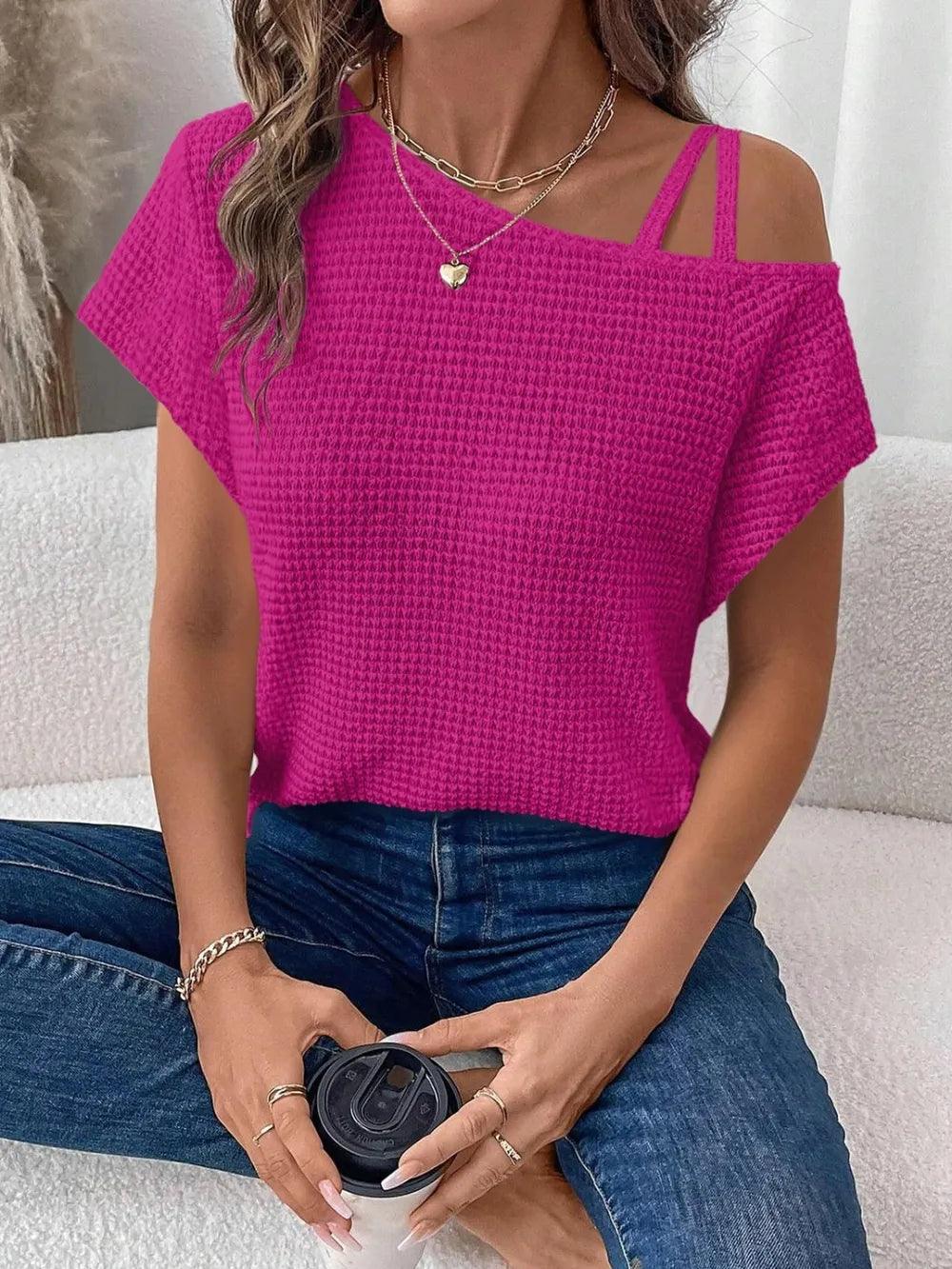 Asymmetrical Neck Short Sleeve T-Shirt - Which Mark