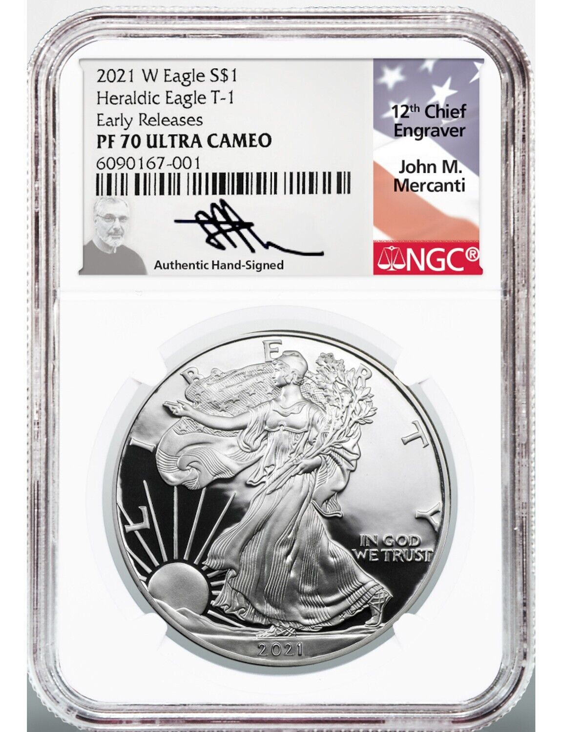 2021-W American Silver Eagle Proof NGC PF 70 UC Mercanti Signed Type 1 - Which Mark