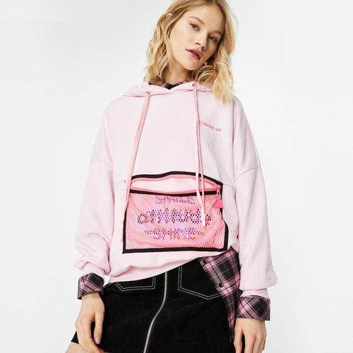 Loose Hooded Mesh Bag Design Letter Sweater Women - Which Mark