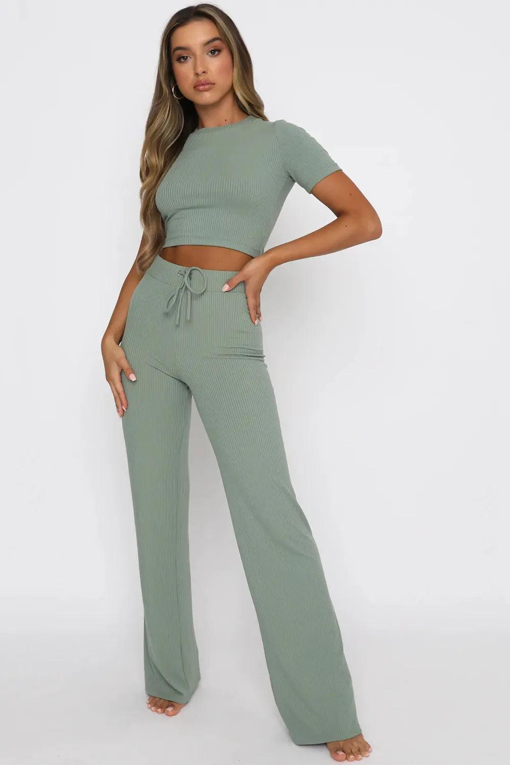 Round Neck Short Sleeve Top and Pants Set - Which Mark