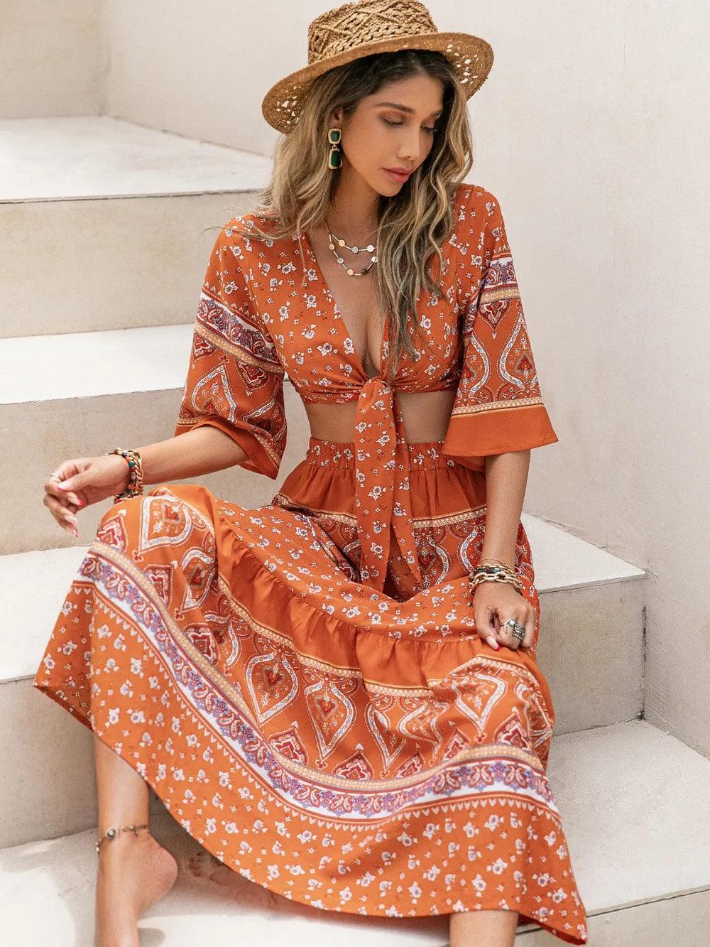 Printed Plunge Half Sleeve Top and Skirt Set - Which Mark