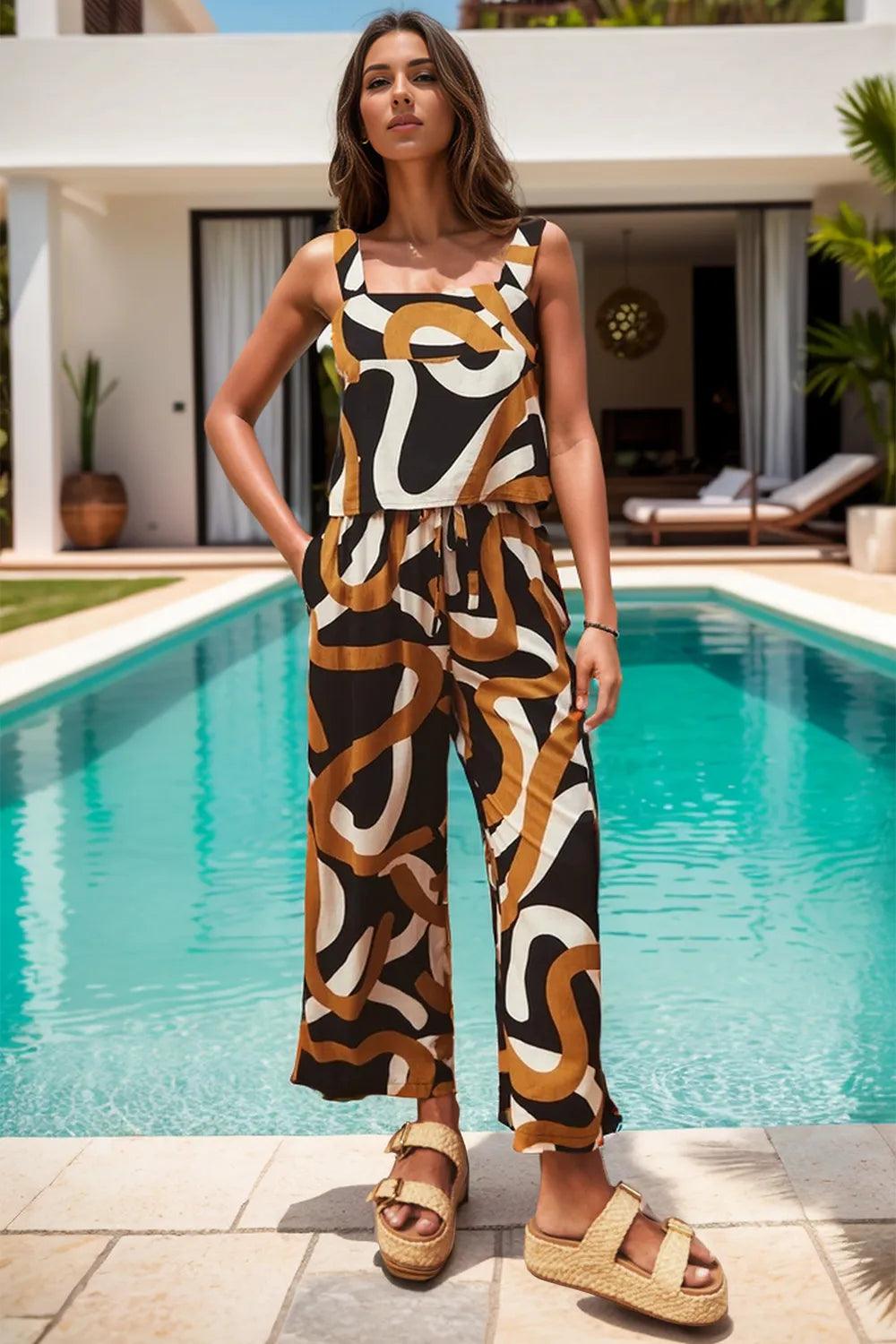 Printed Square Neck Top and Pants Set - Which Mark