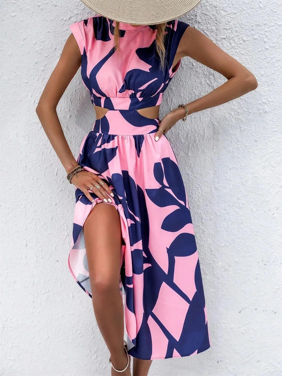 Cutout Printed Cap Sleeve Midi Dress - Which Mark