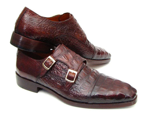 Paul Parkman Men's Double Monkstraps Brown & Bordeaux Crocodile - Which Mark