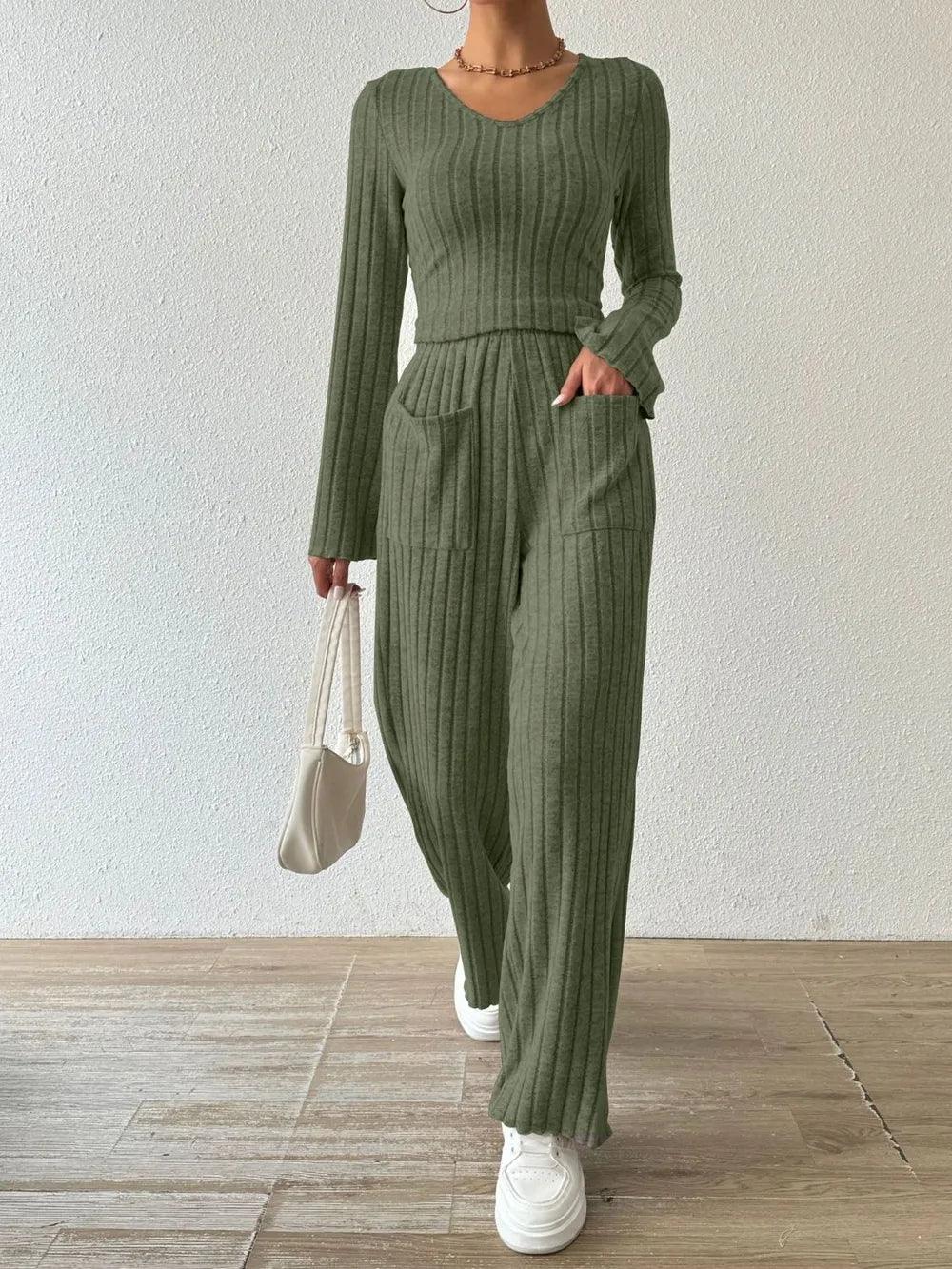 Ribbed V-Neck Long Sleeve Top and Pocketed Pants Set - Which Mark
