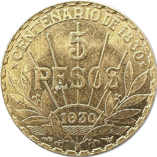 1/4 oz Gold 5 Pesos Constitutional Centennial Coin (RARE) 1930 Uruguay - Which Mark