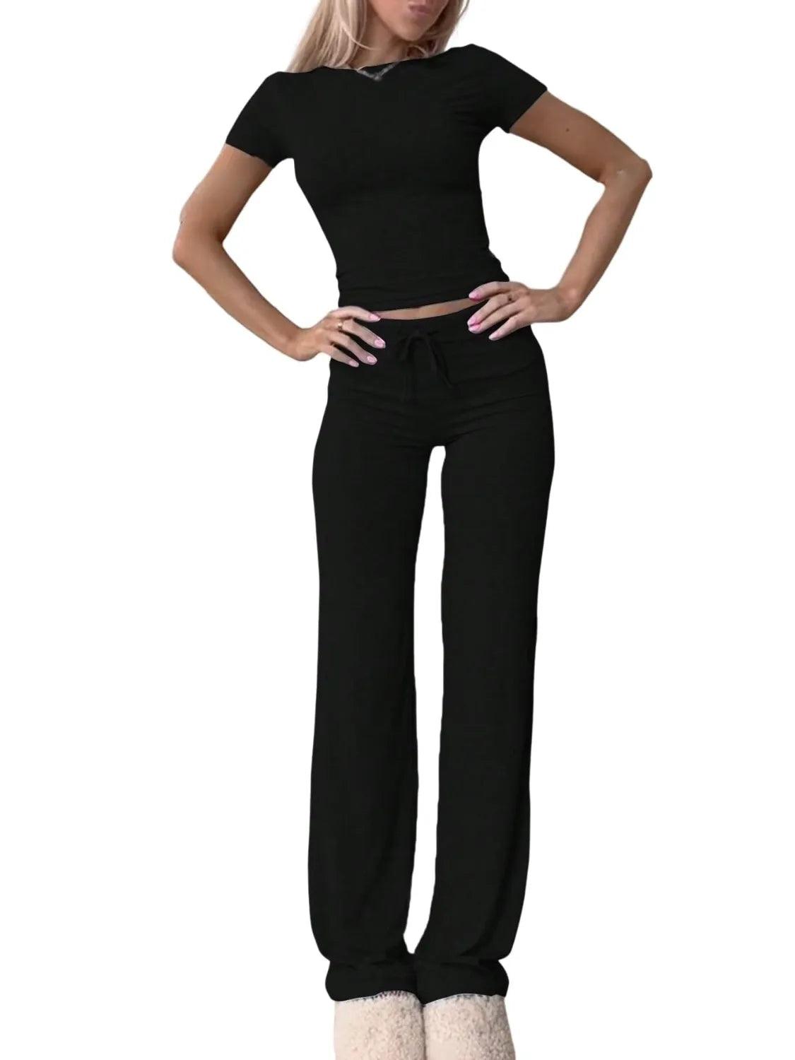 Round Neck Short Sleeve Top and Pants Set - Which Mark