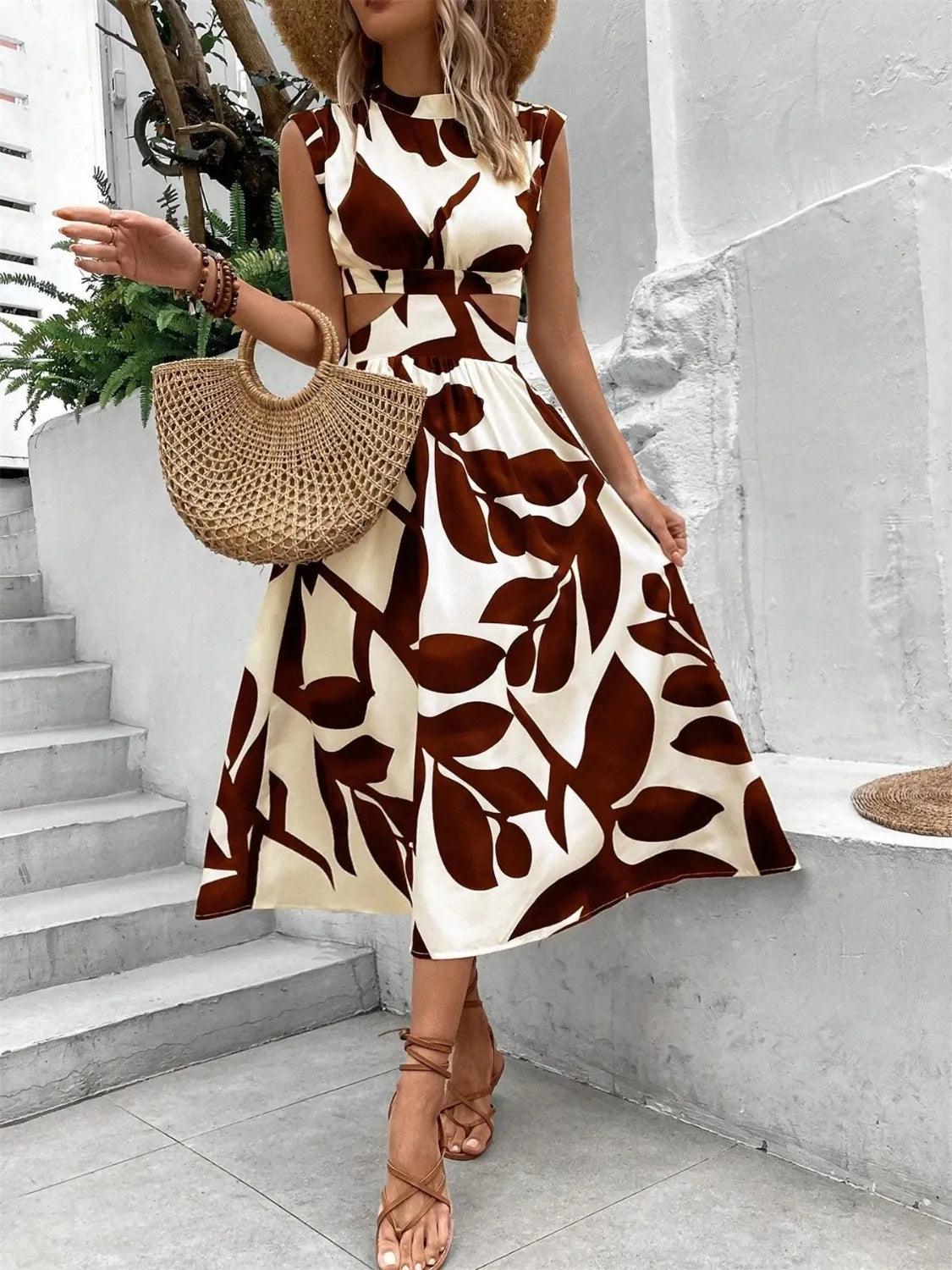 Cutout Printed Cap Sleeve Midi Dress - Which Mark
