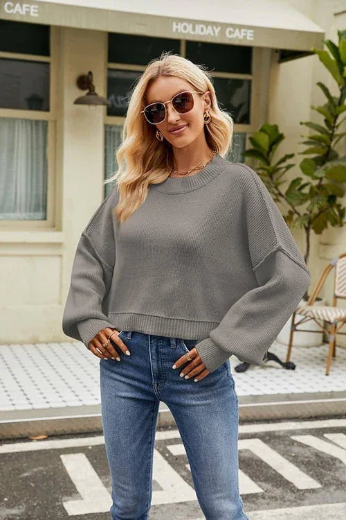 Loose Cropped Pullover Fashion Long Sleeve Round Neck Sweater - Which Mark