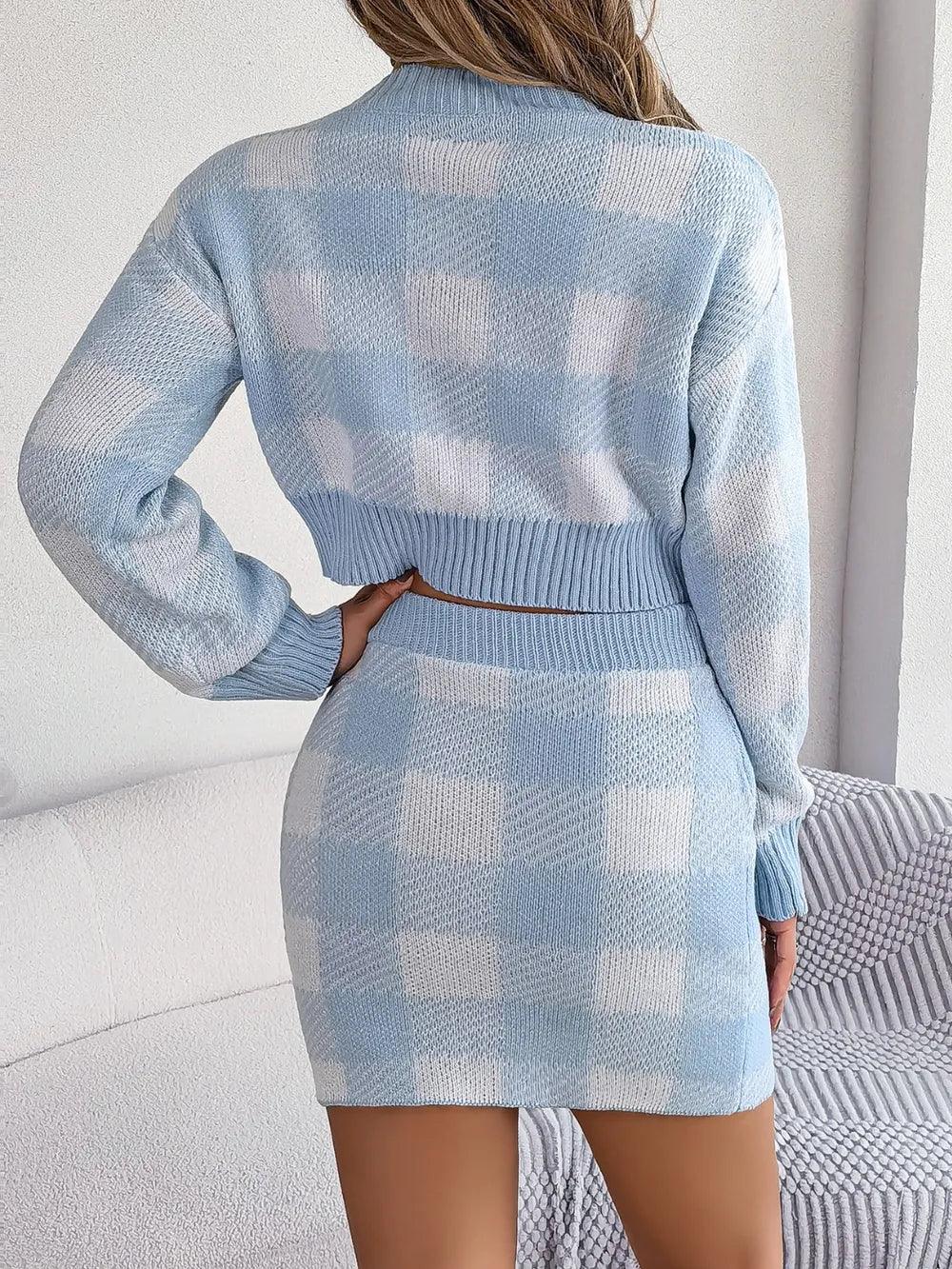 Plaid Round Neck Top and Skirt Sweater Set - Which Mark