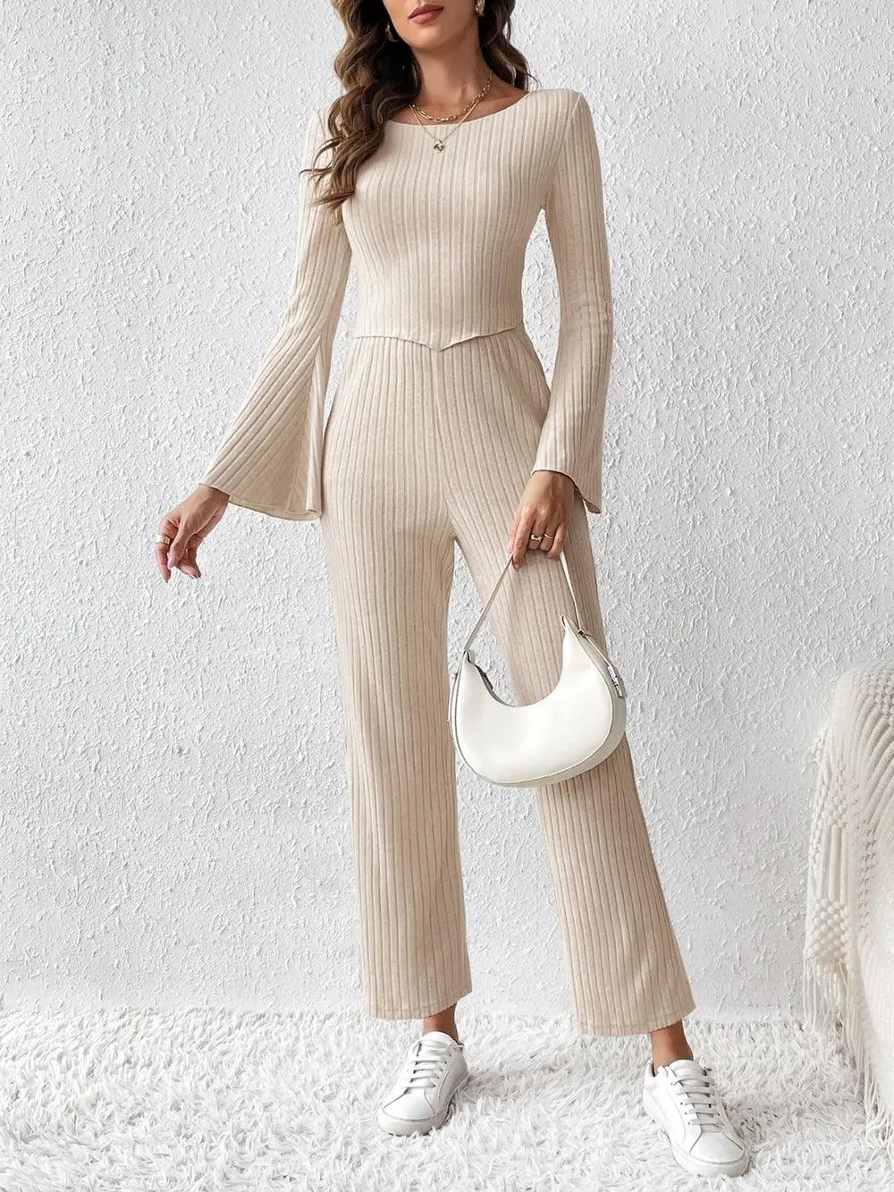 Ribbed Flare Sleeve Top and Pants Set - Which Mark