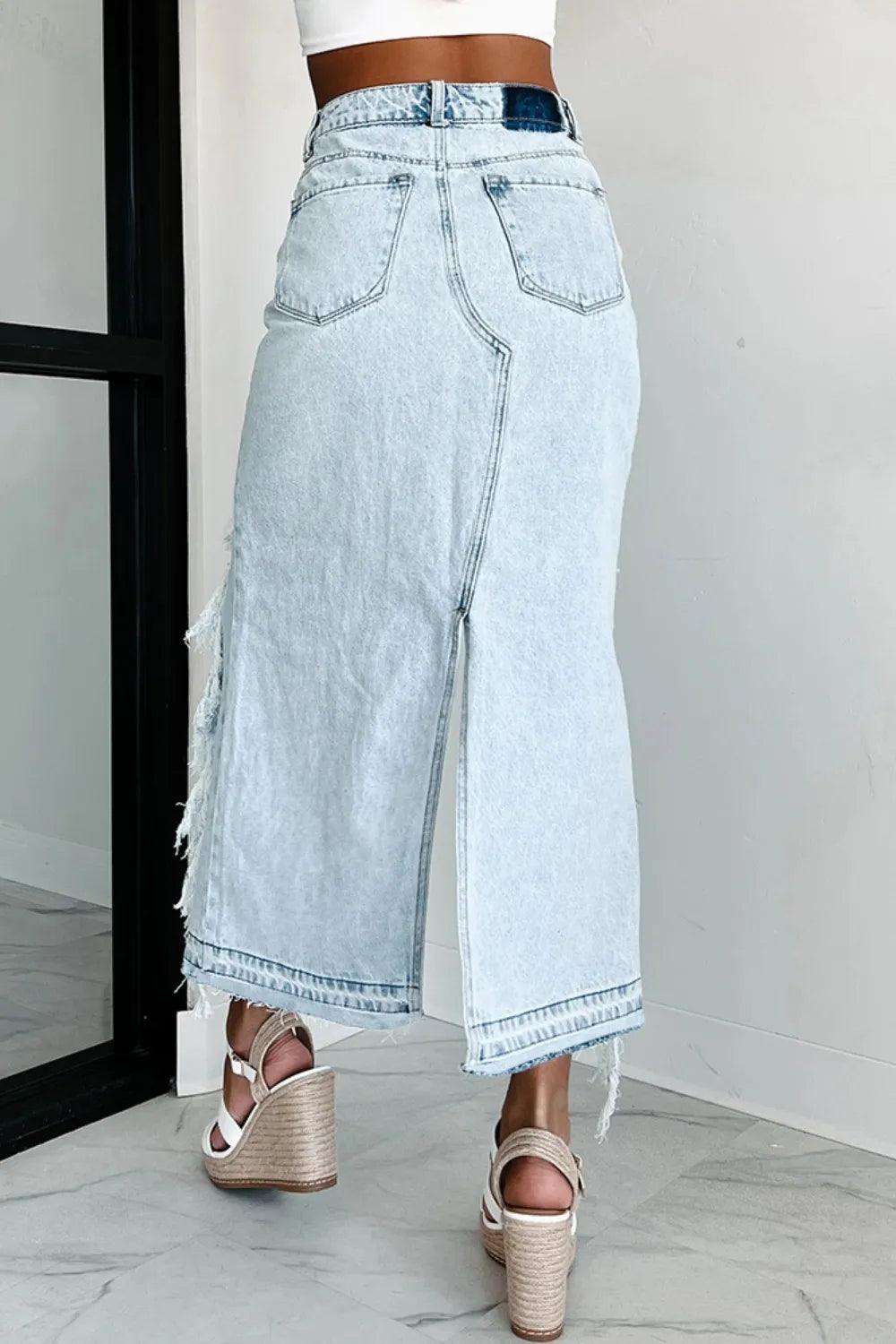 Asymmetric Distressed High-Low Denim Skirt - Which Mark