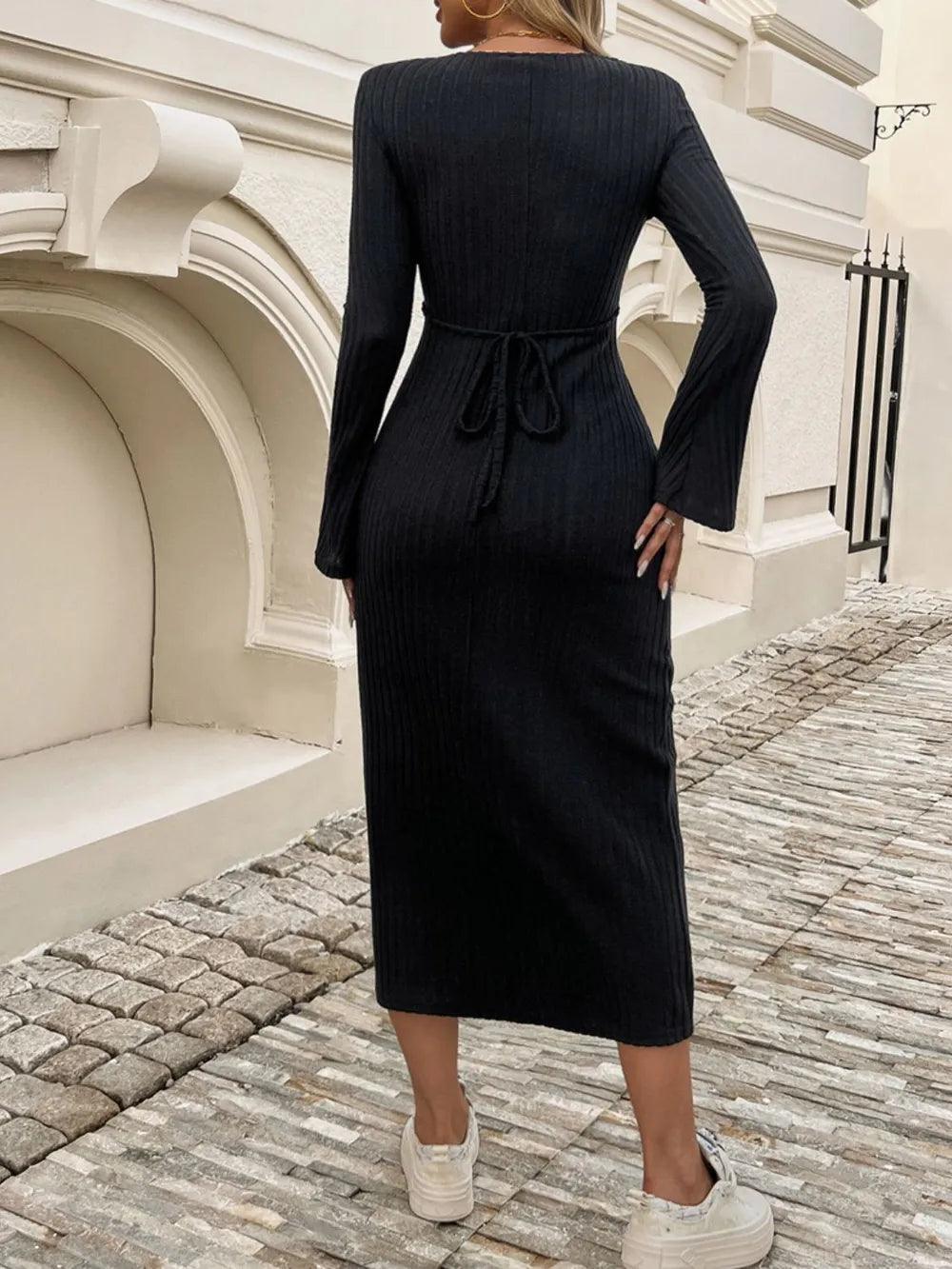 Devine Tied V-Neck Long Sleeve Sweater Dress - Which Mark