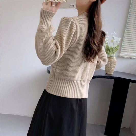 Round Neck Lantern Sleeve Cable-knit Sweater - Which Mark