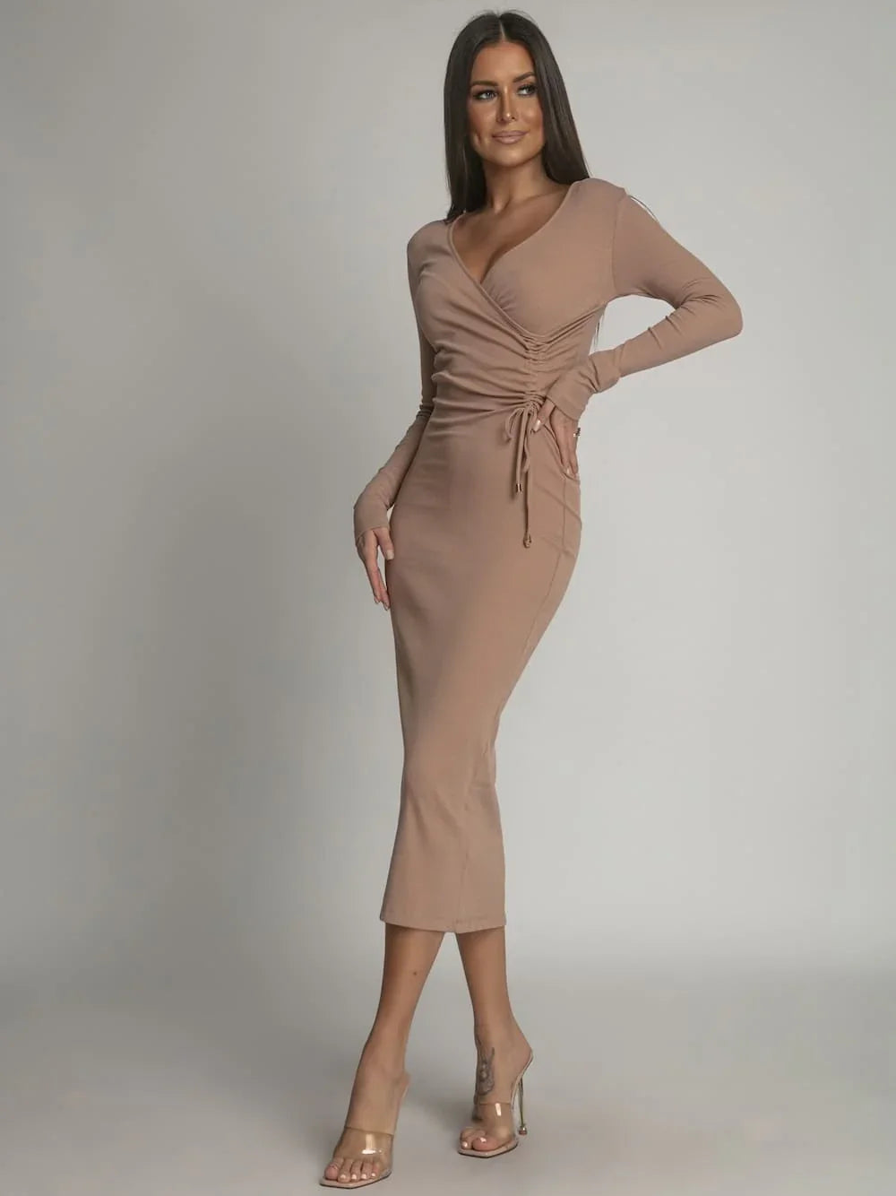 Fitted midi dress with ruffles cappuccino FG672 - Which Mark