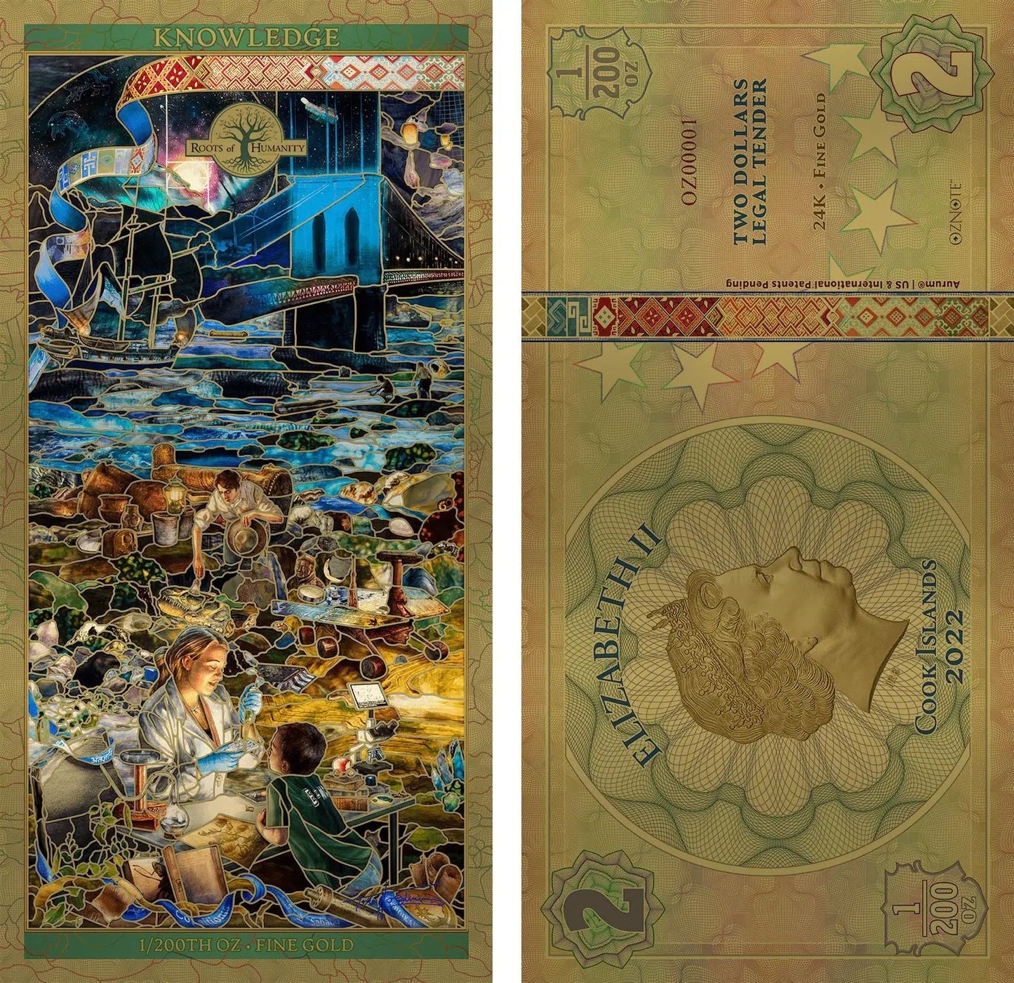 2022 Cook Islands KNOWLEDGE 7 Pillars of Humanity 24k Gold Note - Which Mark