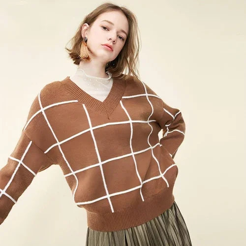 Spring new pattern check V-neck short sweater women - Which Mark