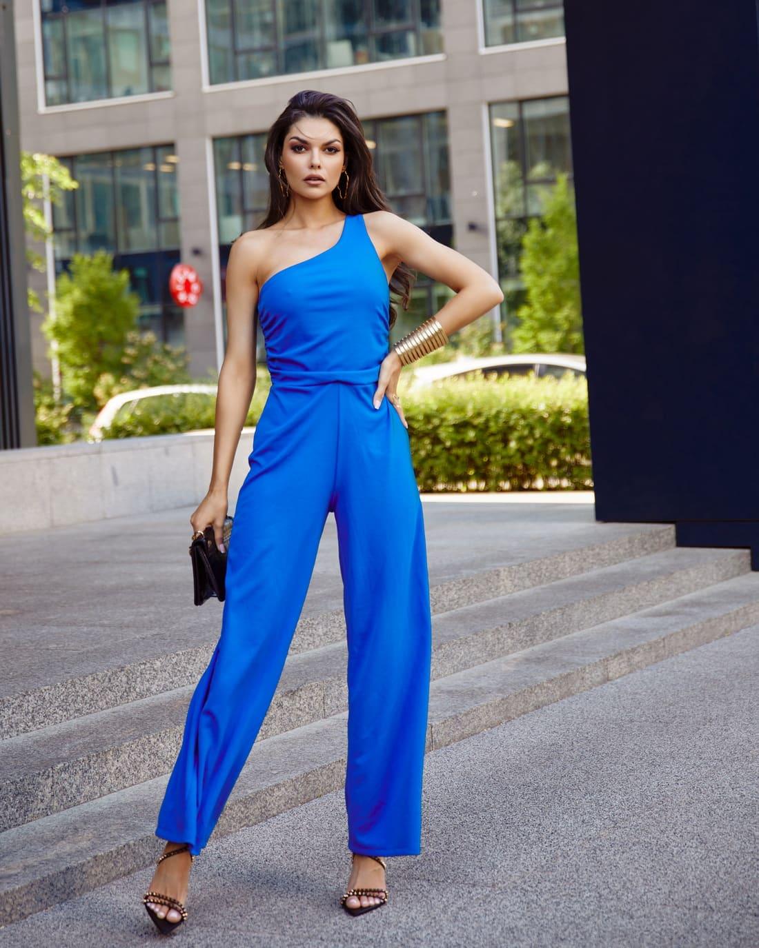 Elegant one-shoulder jumpsuit with wide legs, cornflower blue 23560 - Which Mark