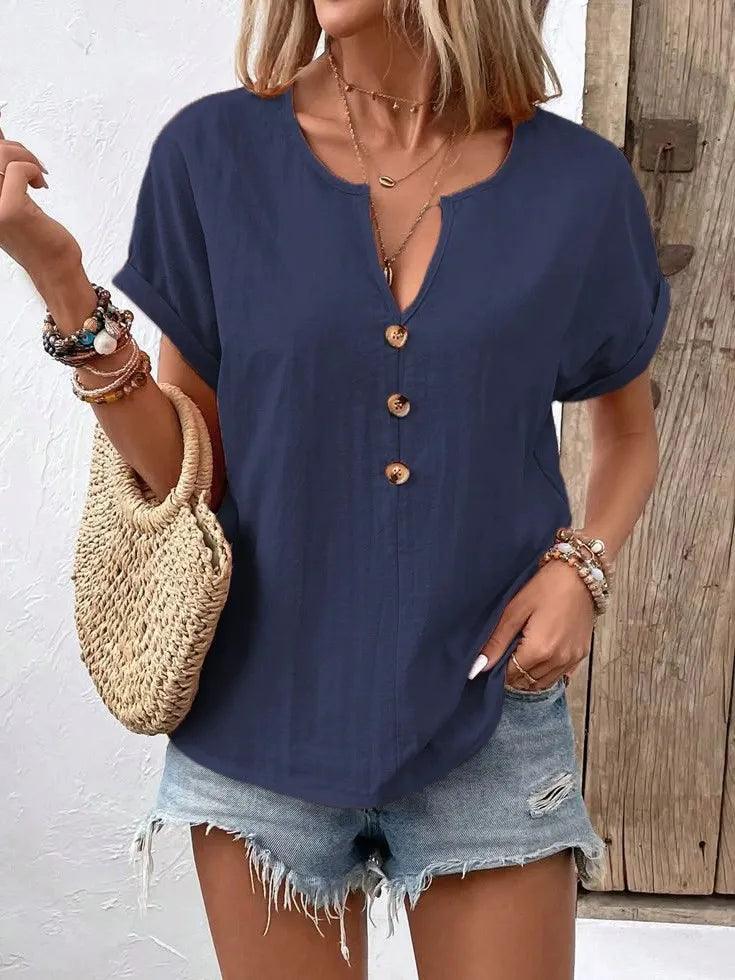 Full Size Notched Short Sleeve Top Plus Size - Which Mark