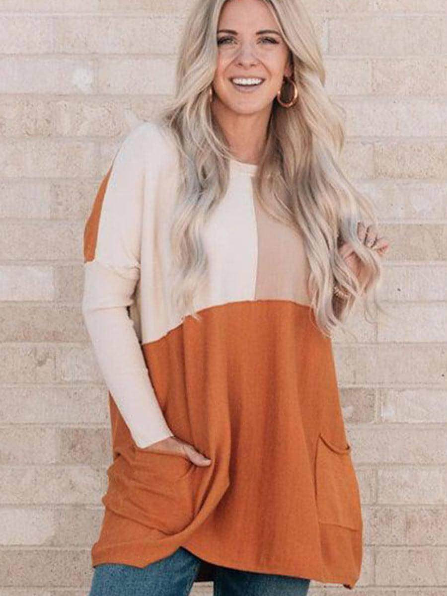 Women's Orange Pocket Color Matching Long-sleeved Top T-shirt - Which Mark