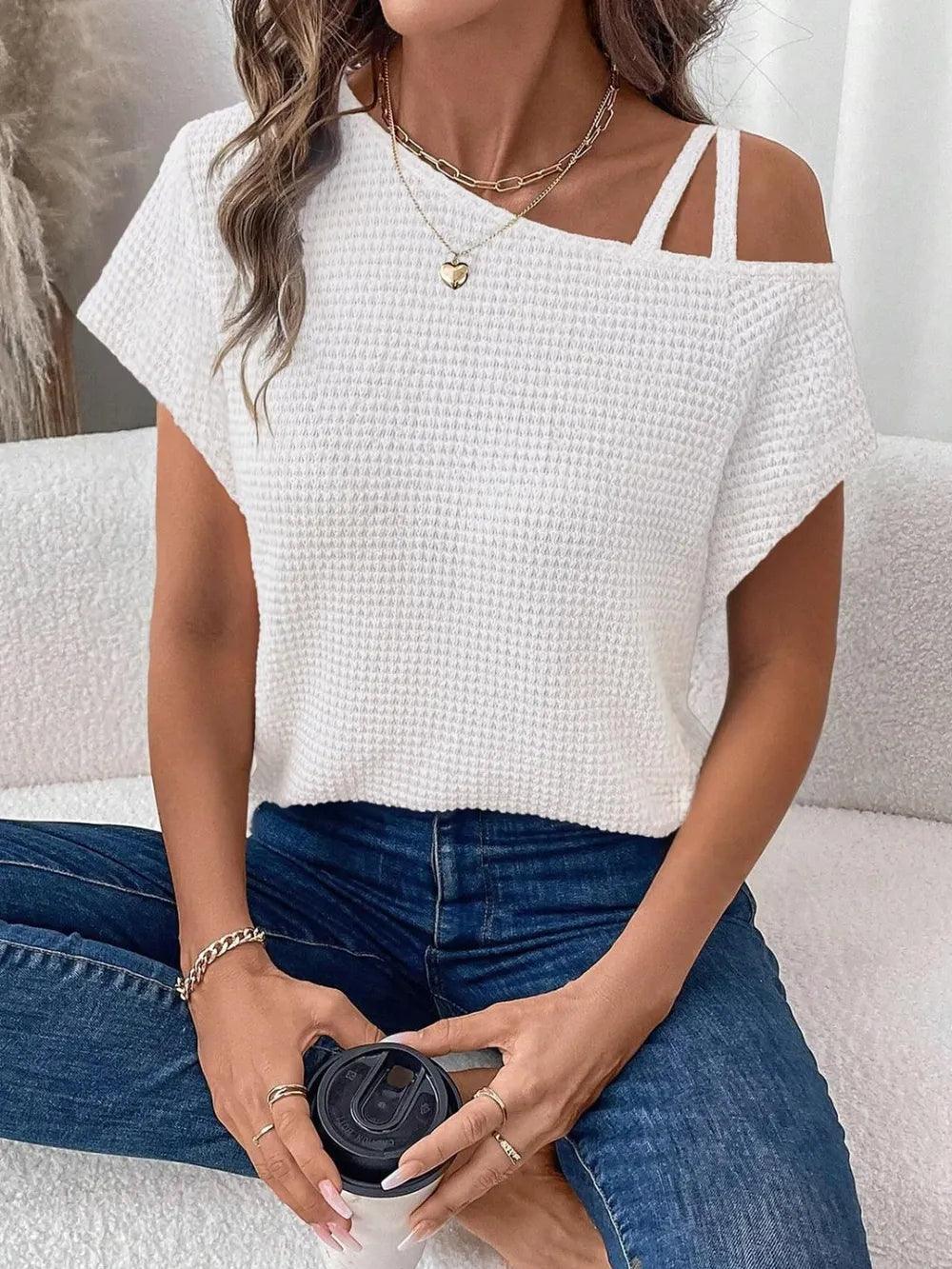 Asymmetrical Neck Short Sleeve T-Shirt - Which Mark