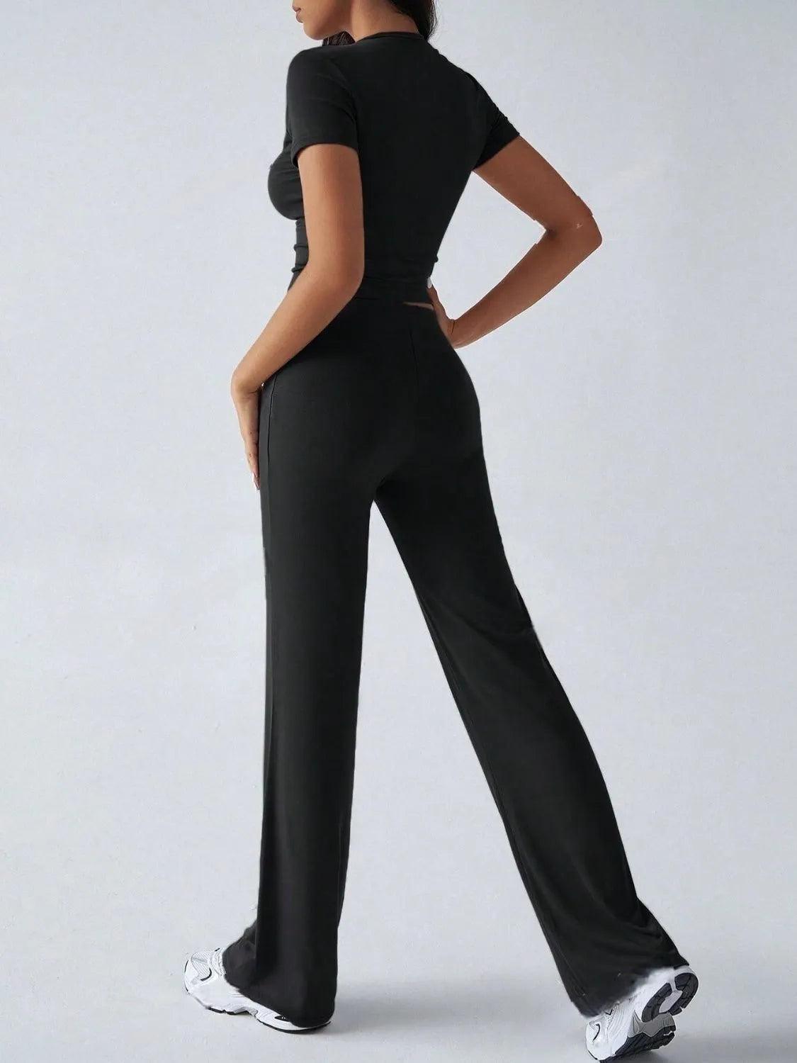 Round Neck Short Sleeve Top and Pants Set - Which Mark