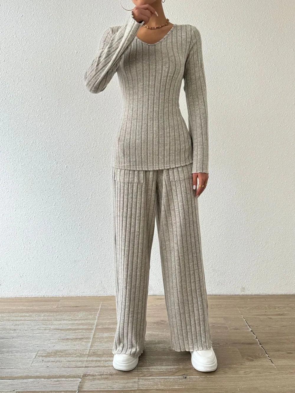 Ribbed V-Neck Long Sleeve Top and Pocketed Pants Set - Which Mark