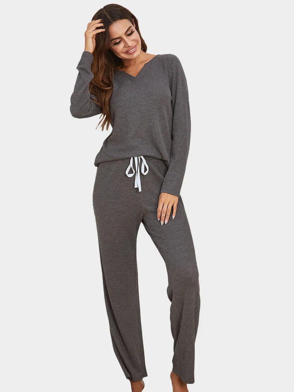 Notched Long Sleeve Top and Pants Set - Which Mark