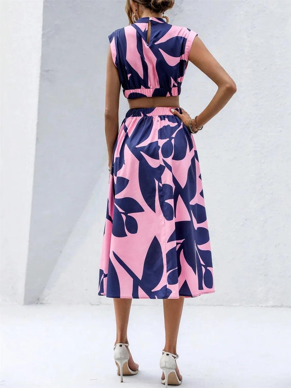 Cutout Printed Cap Sleeve Midi Dress - Which Mark